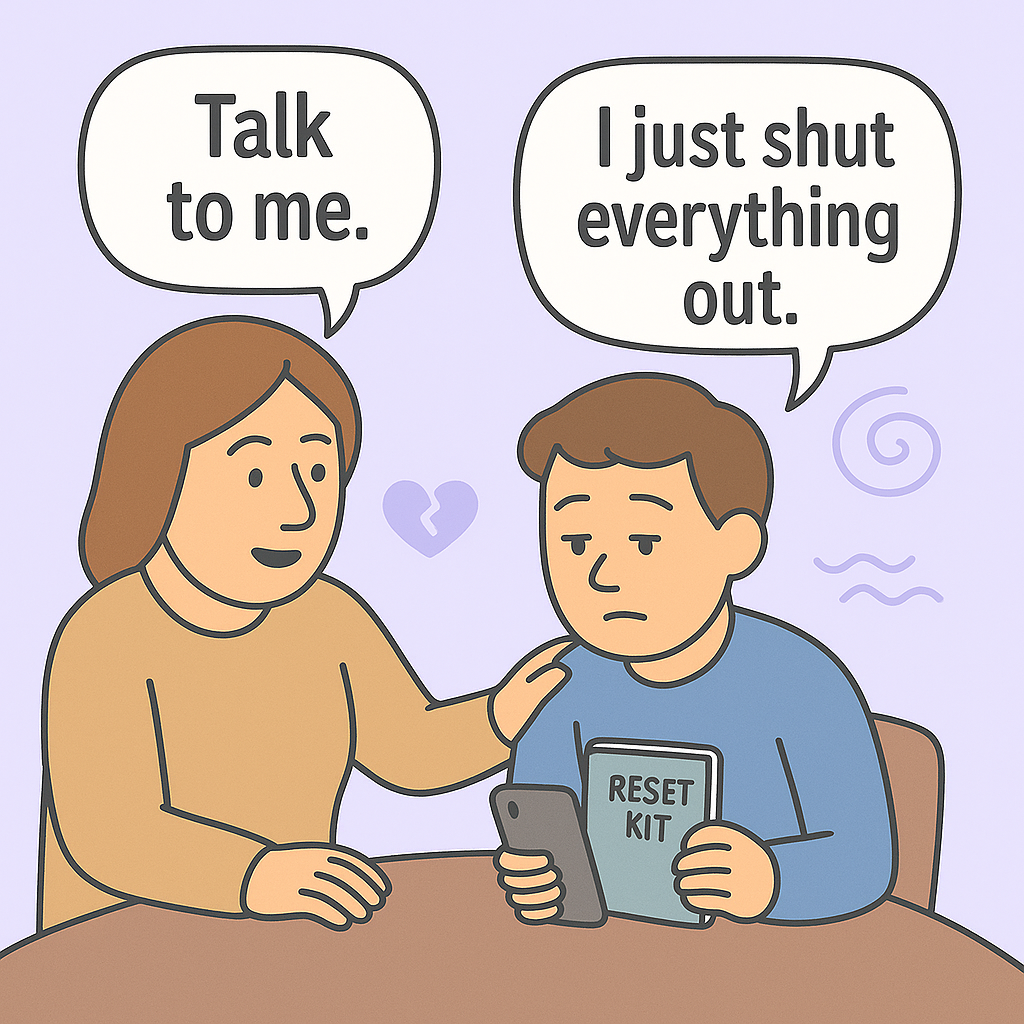 Two people conversing, one holds a phone and a 'Reset Kit,' speech bubbles above.