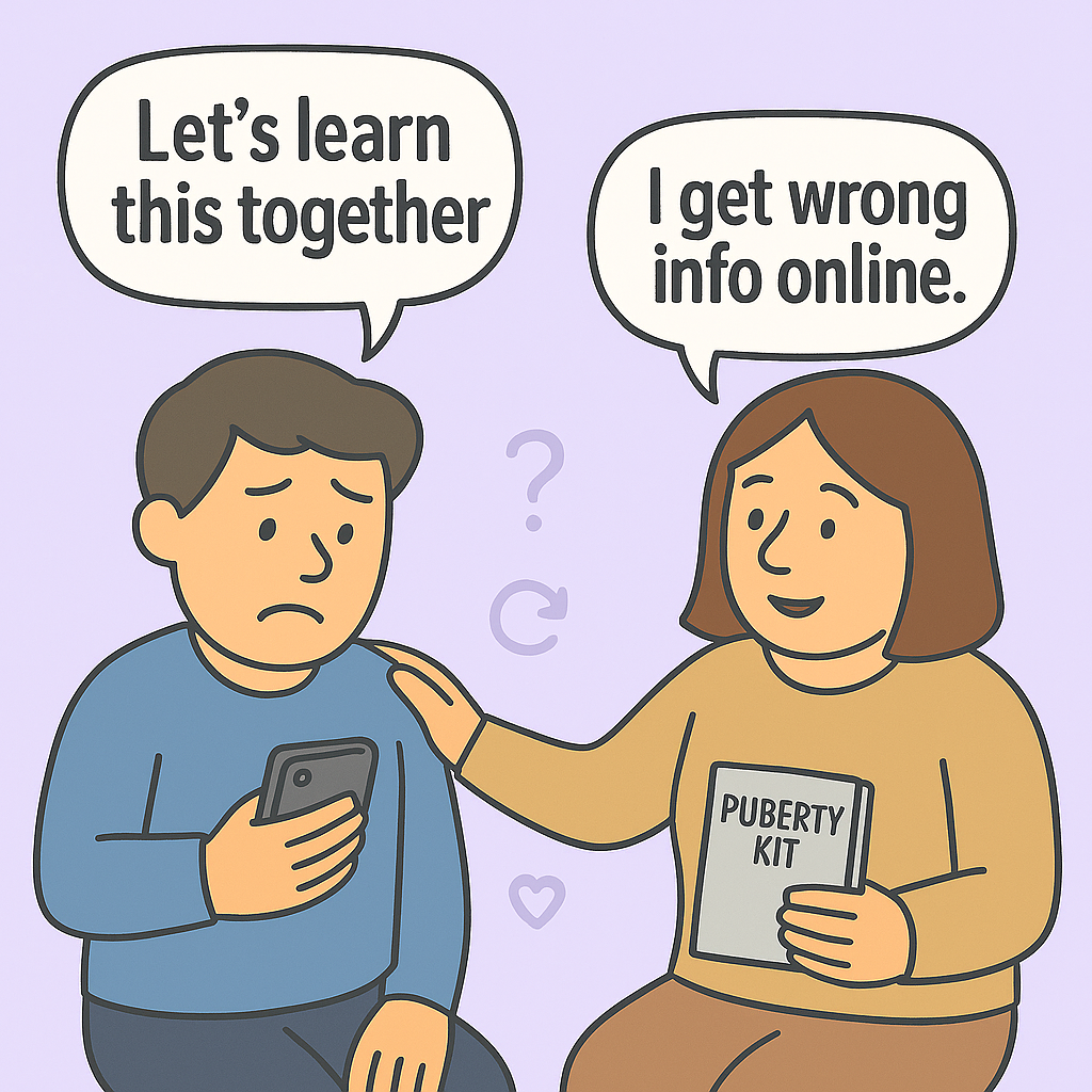 Two people discussing puberty with speech bubbles and a pamphlet.