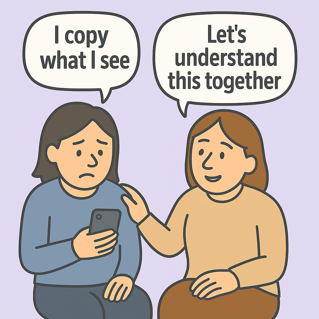 Two cartoon people talking, one holding a phone, with speech bubbles above them.