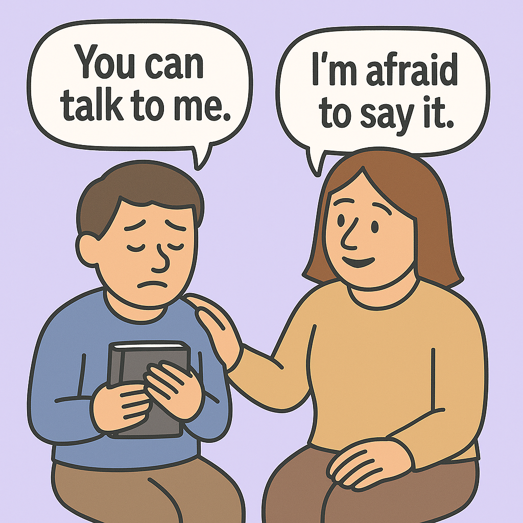 Illustration of two people talking, one holding a tablet, with speech bubbles.