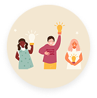 Illustration of five diverse people in a circle, placing hands together in unity.