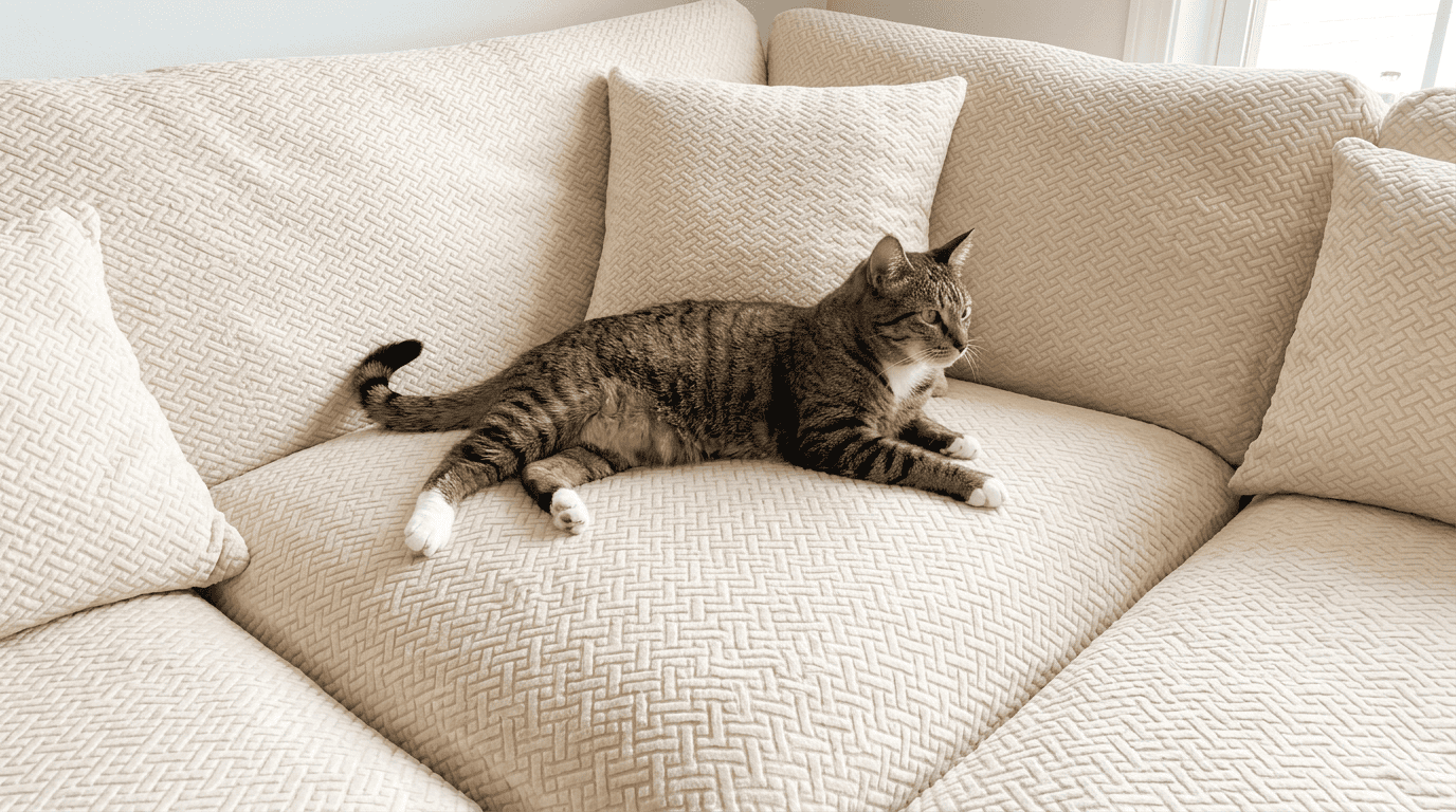 A brown tabby cat with white paws lying on a light-colored, textured sectional couch.