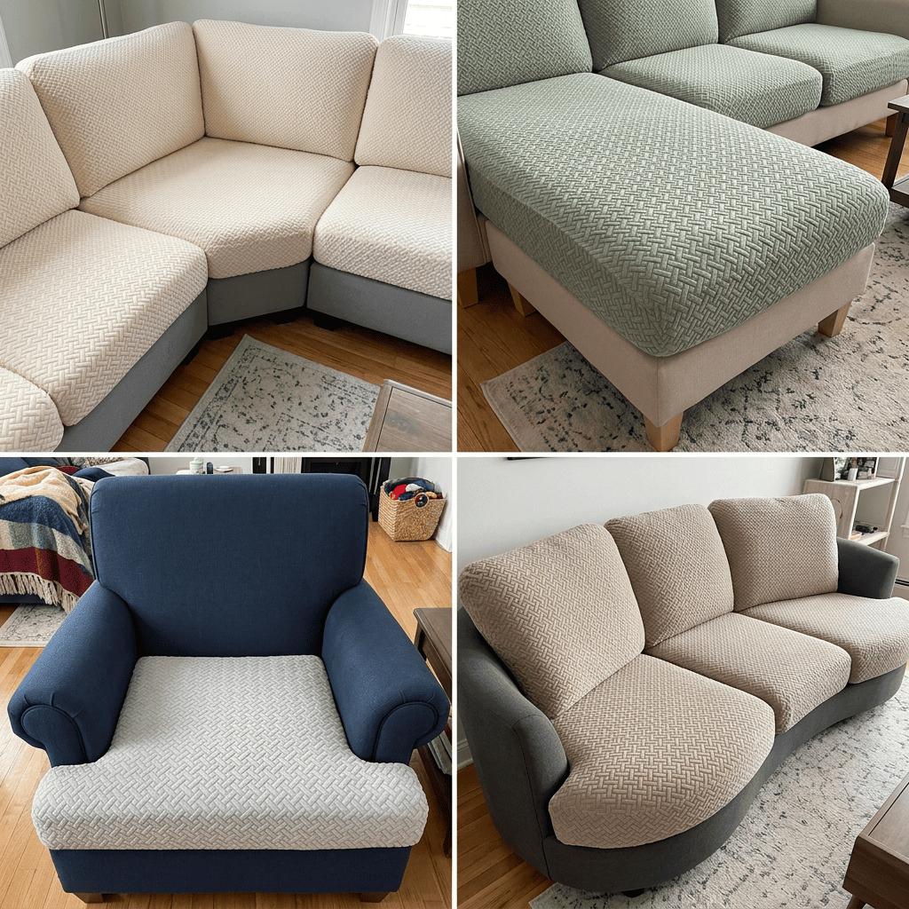 A collage showing sofas and an armchair with textured, patterned slipcovers on the cushions in various colors.