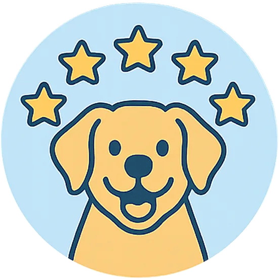 A cartoon illustration of a happy yellow dog with five stars floating above its head.