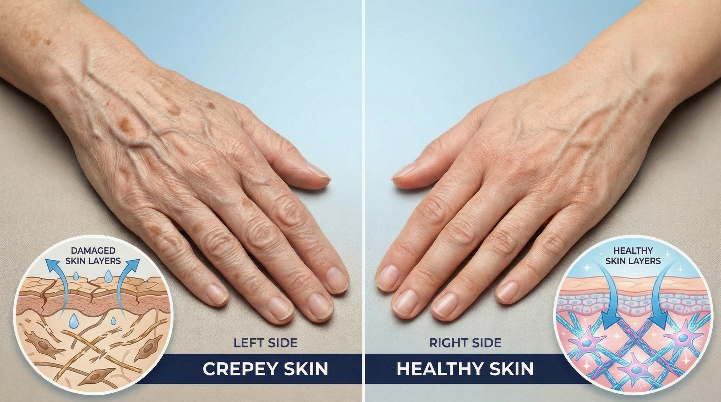 A before-and-after image showing a hand with crepey skin on the left and healthy skin on the right.