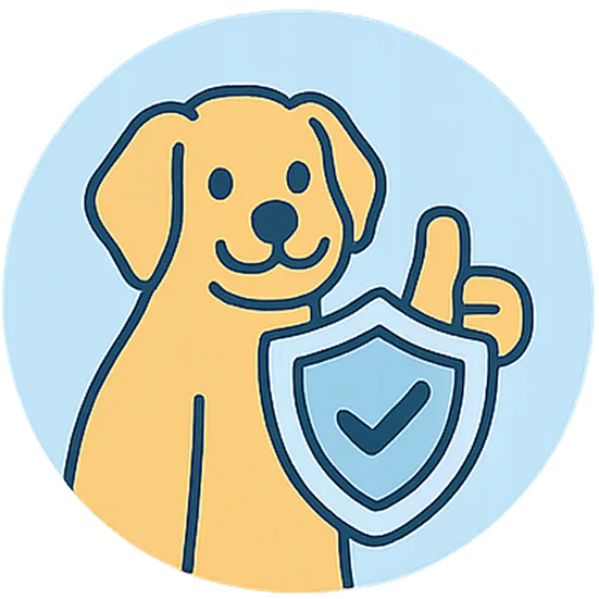 An illustration of a smiling dog holding a shield with a checkmark and giving a thumbs-up.