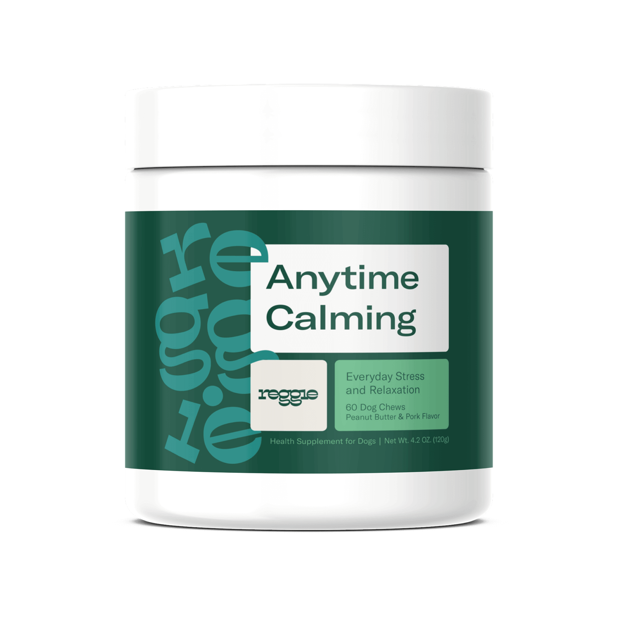 Green jar labeled 'Anytime Calming' health supplement for dogs.
