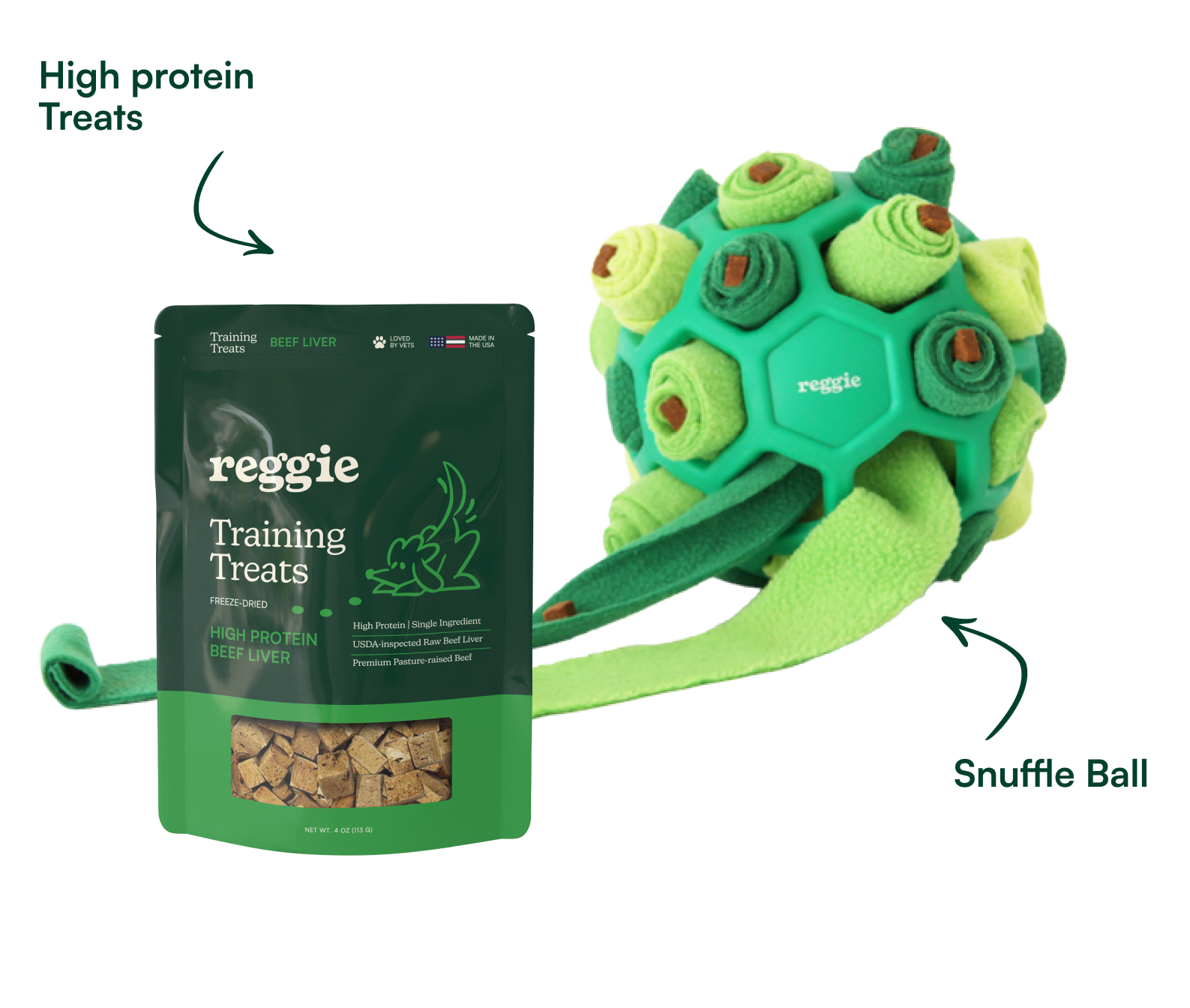 A bag of Reggie High Protein Beef Liver training treats next to a green snuffle ball dog toy.