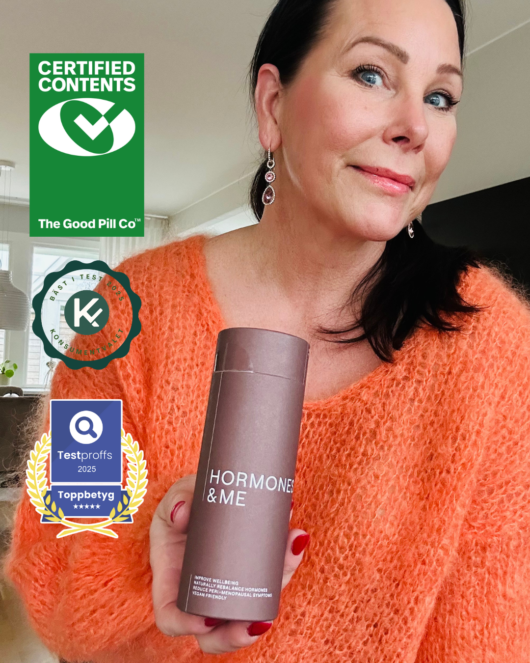 A smiling woman in a fuzzy orange sweater holds a brown container labeled 'HORMONES & ME'.