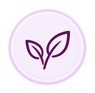 A purple icon of two leaves on a stem, inside a light purple circle with a glowing border.