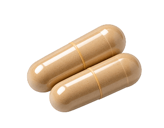 A close-up of two light brown supplement capsules against a white background.