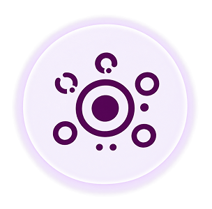 A purple icon with a central circle surrounded by several smaller circles and dots.