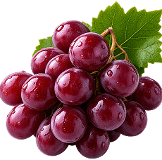 A bunch of shiny red grapes with water droplets and a green leaf on a transparent background.