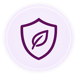 A purple shield icon with a leaf in the center, on a light purple circular background.