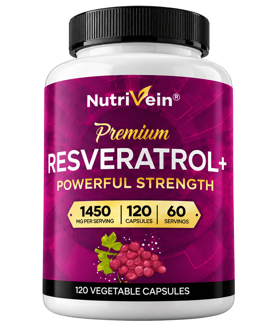 A bottle of NutriVein Premium Resveratrol+ supplement with 120 vegetable capsules.