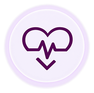 A purple icon of a heart with a heartbeat line and a downward arrow on a light purple background.