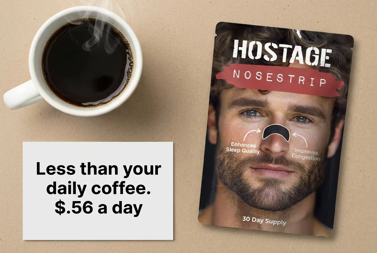 Coffee cup, 'Hostage Mouthtape' package, and price text on a beige background.