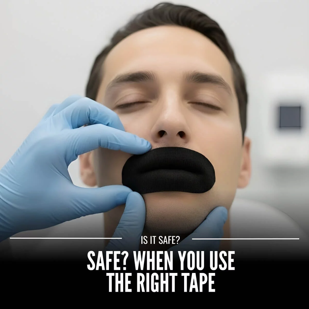 Person with mouth covered by tape, gloved hands adjusting it.