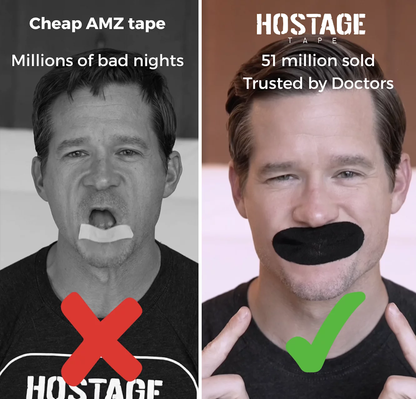 Comparison of two mouth tapes with symbols and text.