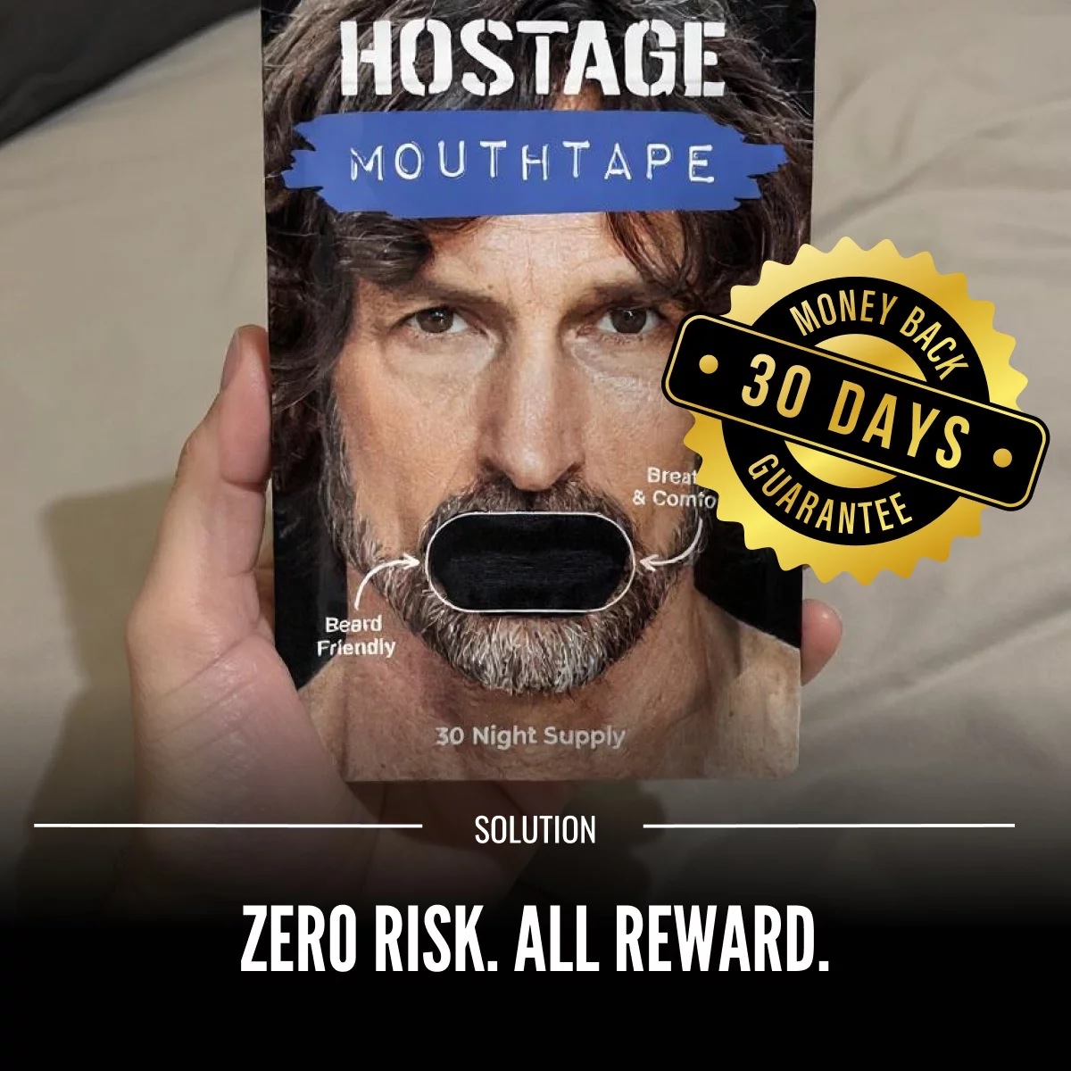 A box of 'Hostage Mouthtape' with a 30-day money-back guarantee badge.
