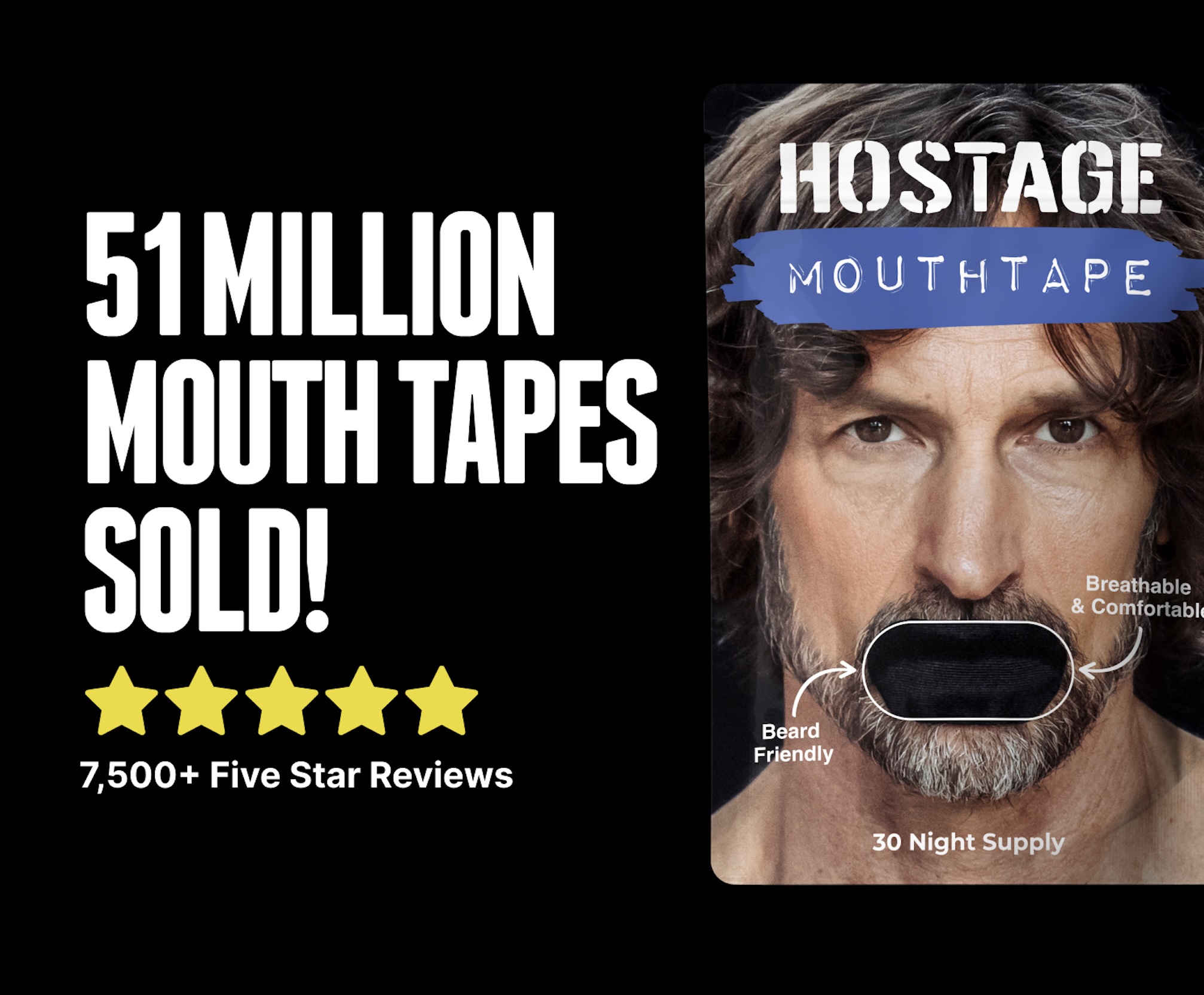 Advertisement for mouth tape with a man's face and product features.