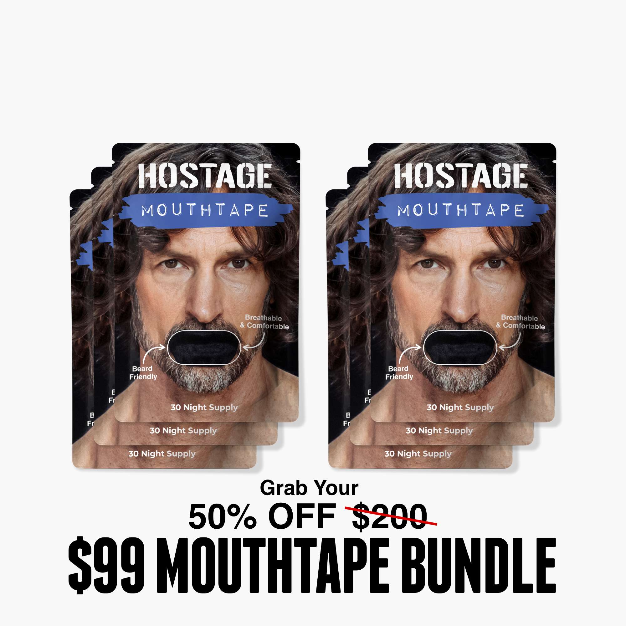Two packs of Hostage Mouthtape with a man's face on the packaging.