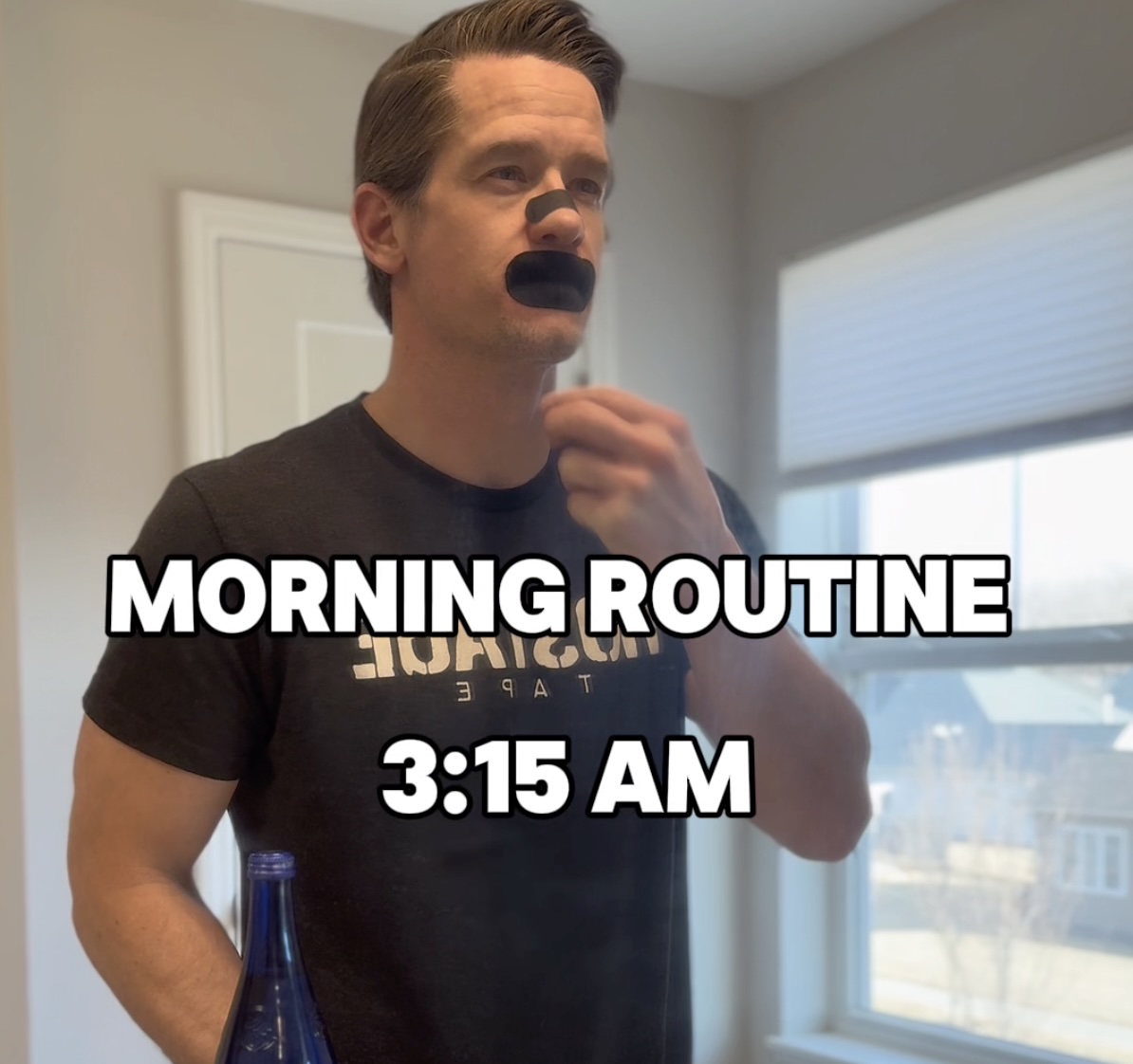 Person with black patches on face, text reads 'Morning Routine 3:15 AM'.