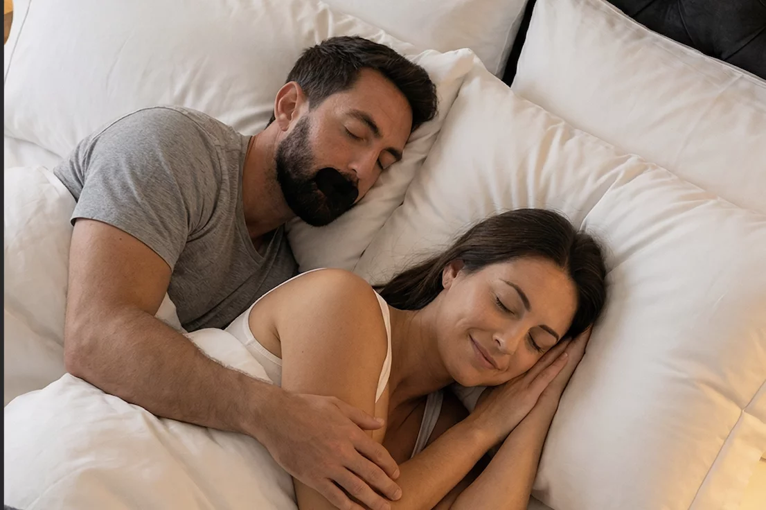 A man wearing a mouth strip sleeps next to a woman in a bed with white pillows.