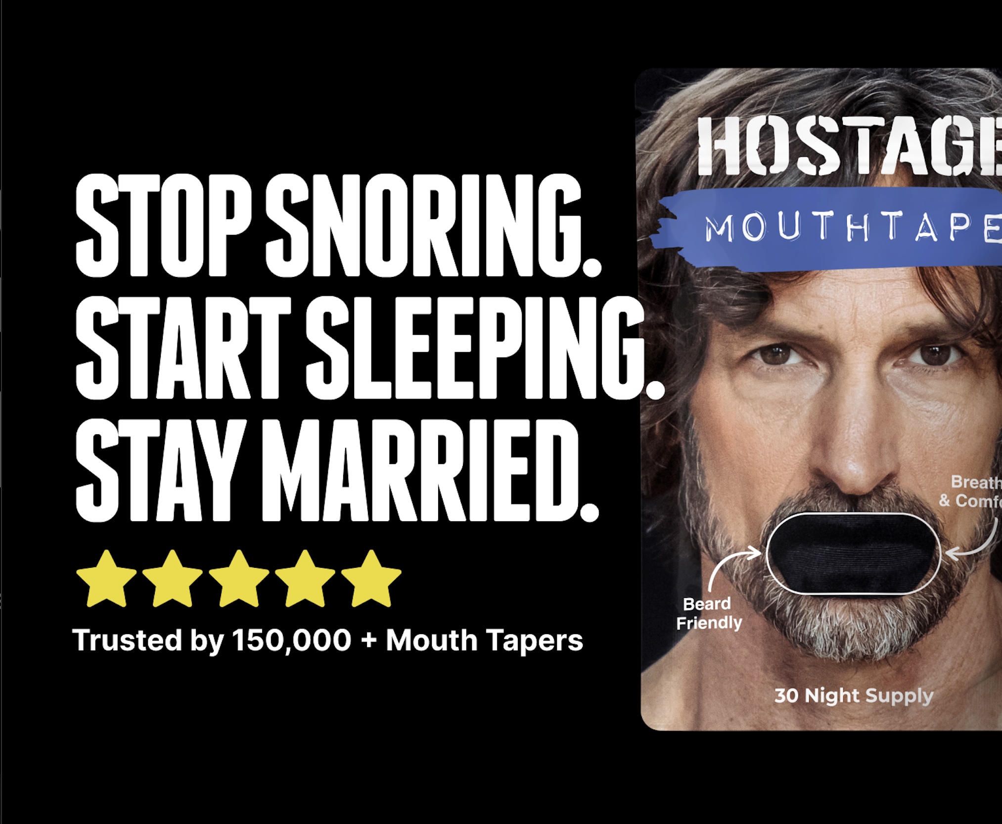 Advertisement for mouth tape with a man's face and text about snoring and sleeping.