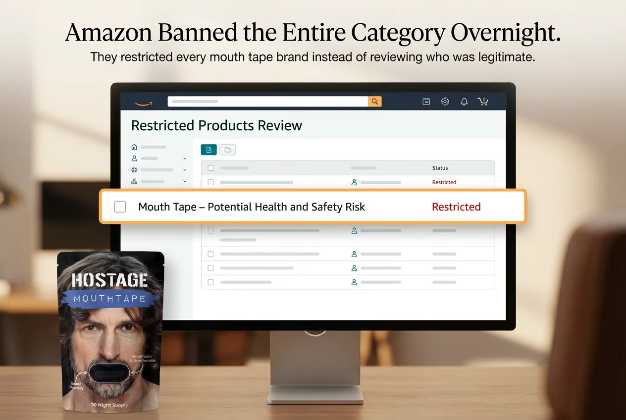 Monitor displays restricted products review; mouth tape labeled as restricted. Package labeled 'Hostage Mouth Tape' visible.