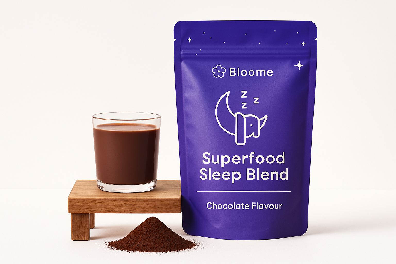 Purple pouch labeled 'Superfood Sleep Blend' with a glass of chocolate drink and cocoa powder.