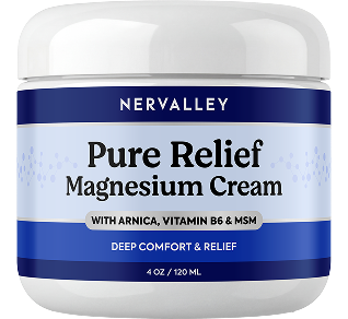 A white jar of Nervalley Pure Relief Magnesium Cream with a dark blue and light blue label.