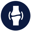 A white icon of a human joint inside a dark blue circle.