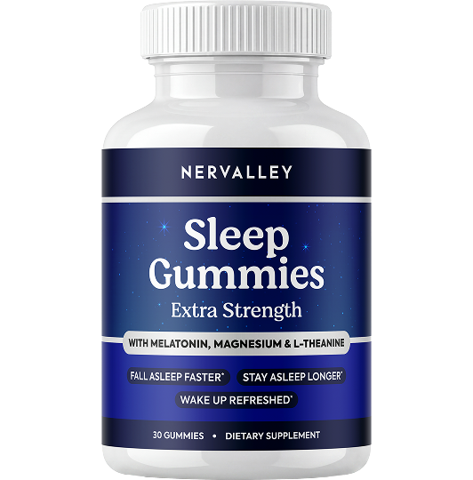 A white bottle of Nervalley Sleep Gummies Extra Strength dietary supplement against a white background.
