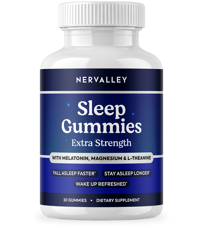 A white bottle of Nervalley Extra Strength Sleep Gummies dietary supplement on a white background.