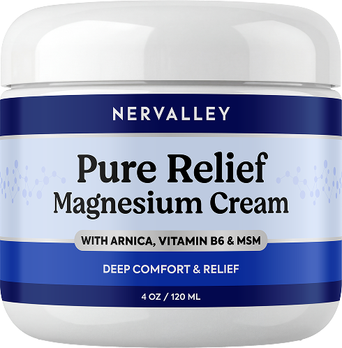 A white jar of Nervalley Pure Relief Magnesium Cream against a plain background.