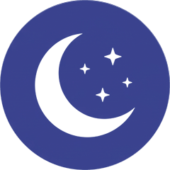 A circular dark blue icon with a white crescent moon and four white stars.