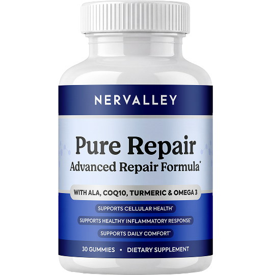 A white bottle of Nervalley Pure Repair Advanced Repair Formula dietary supplement gummies.