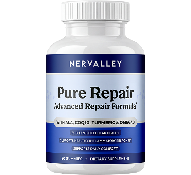 A white bottle of Nervalley Pure Repair Advanced Repair Formula dietary supplement gummies on a white background.
