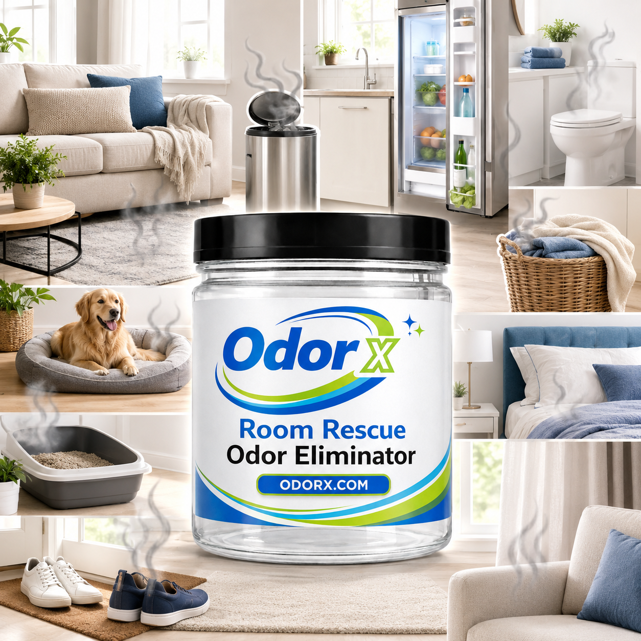 A collage showing sources of household odors surrounding a jar of OdorX Room Rescue Odor Eliminator.