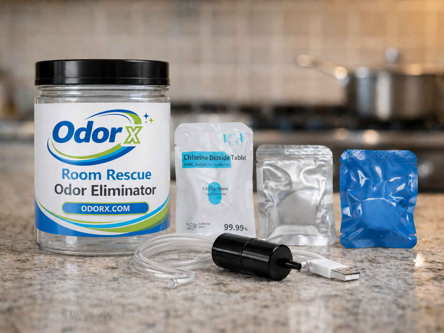 An Odor X odor eliminator kit with a jar, packets, and a USB-powered aerator on a kitchen counter.