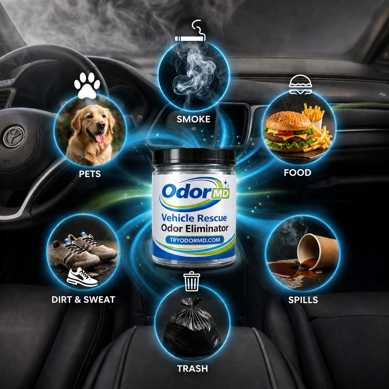 An ad for Odor MD showing a jar of the product surrounded by common car odor sources.