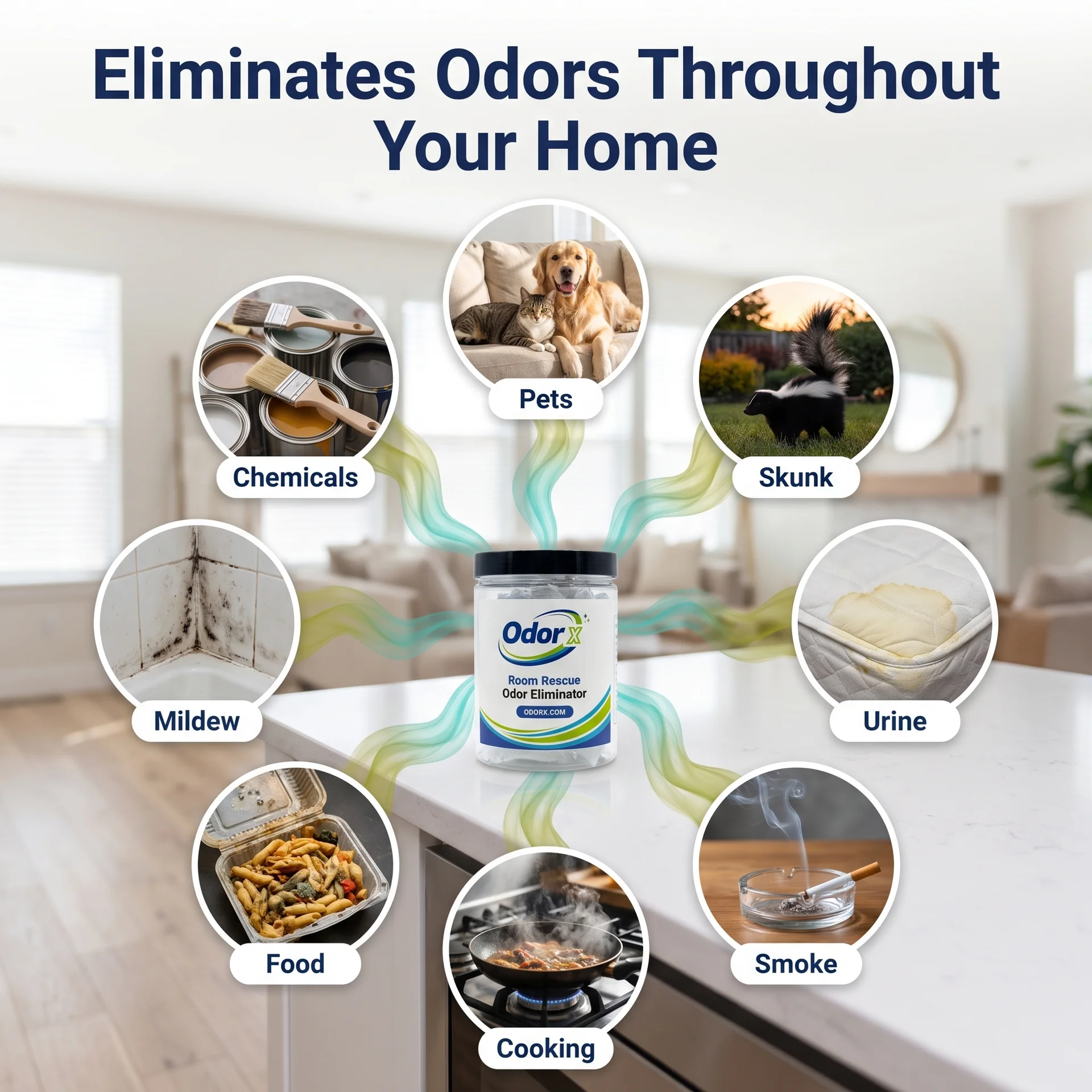 Advertisement for Odor X odor eliminator showing it tackles various odors like pets, smoke, mildew, and more.