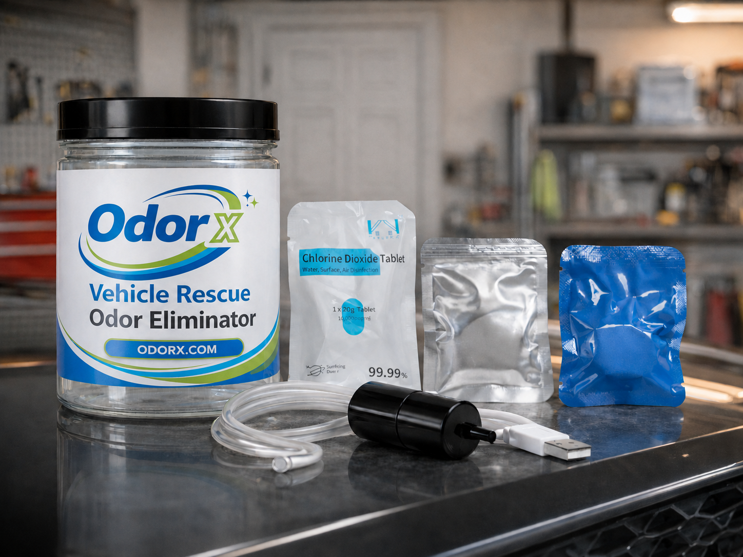 An Odor X Vehicle Rescue Odor Eliminator kit displayed on a countertop in a garage.