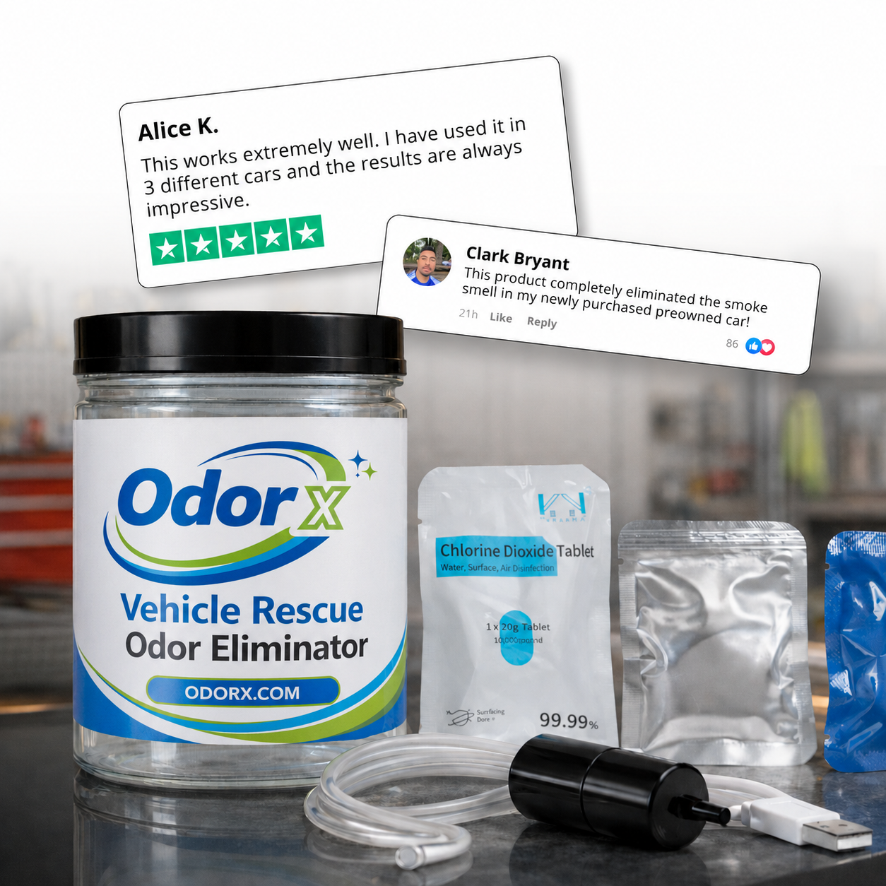 OdorX Vehicle Rescue Odor Eliminator kit with components and customer reviews displayed on a countertop.