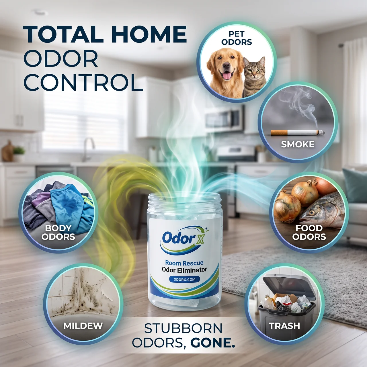 Advertisement for Odor X, an odor eliminator, surrounded by images of household odor sources.