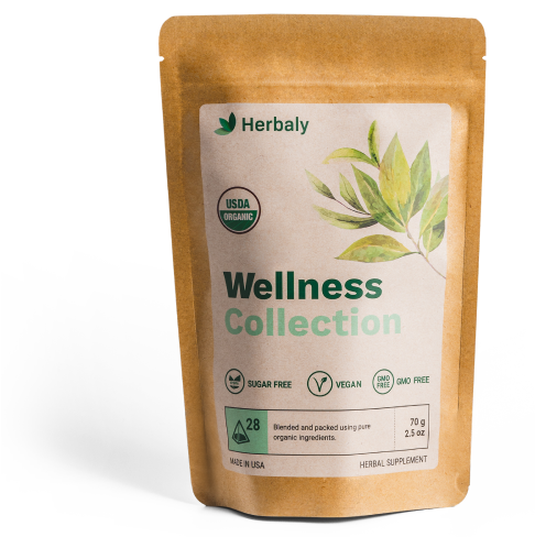 Brown pouch labeled 'Wellness Collection' with leaf design and organic certifications.