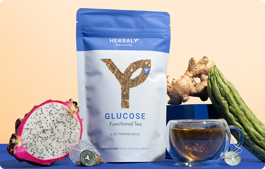 Herbaly glucose functional tea with fruits and ginger displayed.