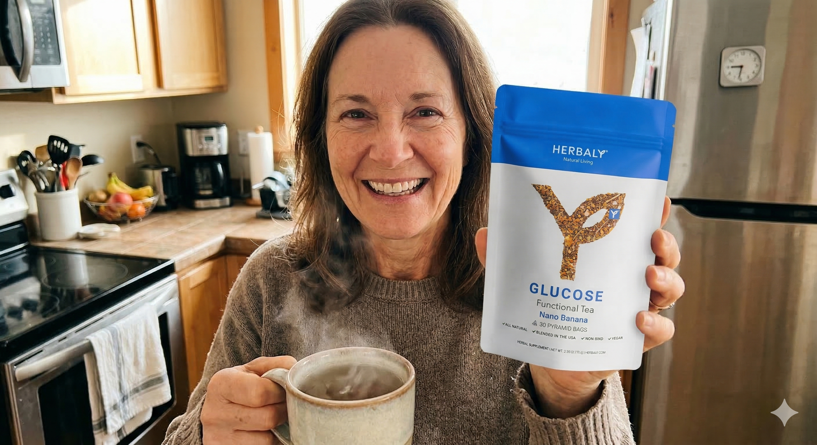 A smiling woman in a kitchen holds a steaming mug and a pouch of Herbaly Glucose tea.
