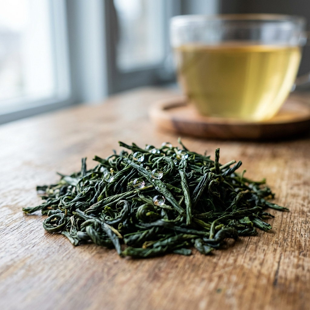 A pile of loose green tea leaves with water droplets on a wooden table, with a cup of tea.